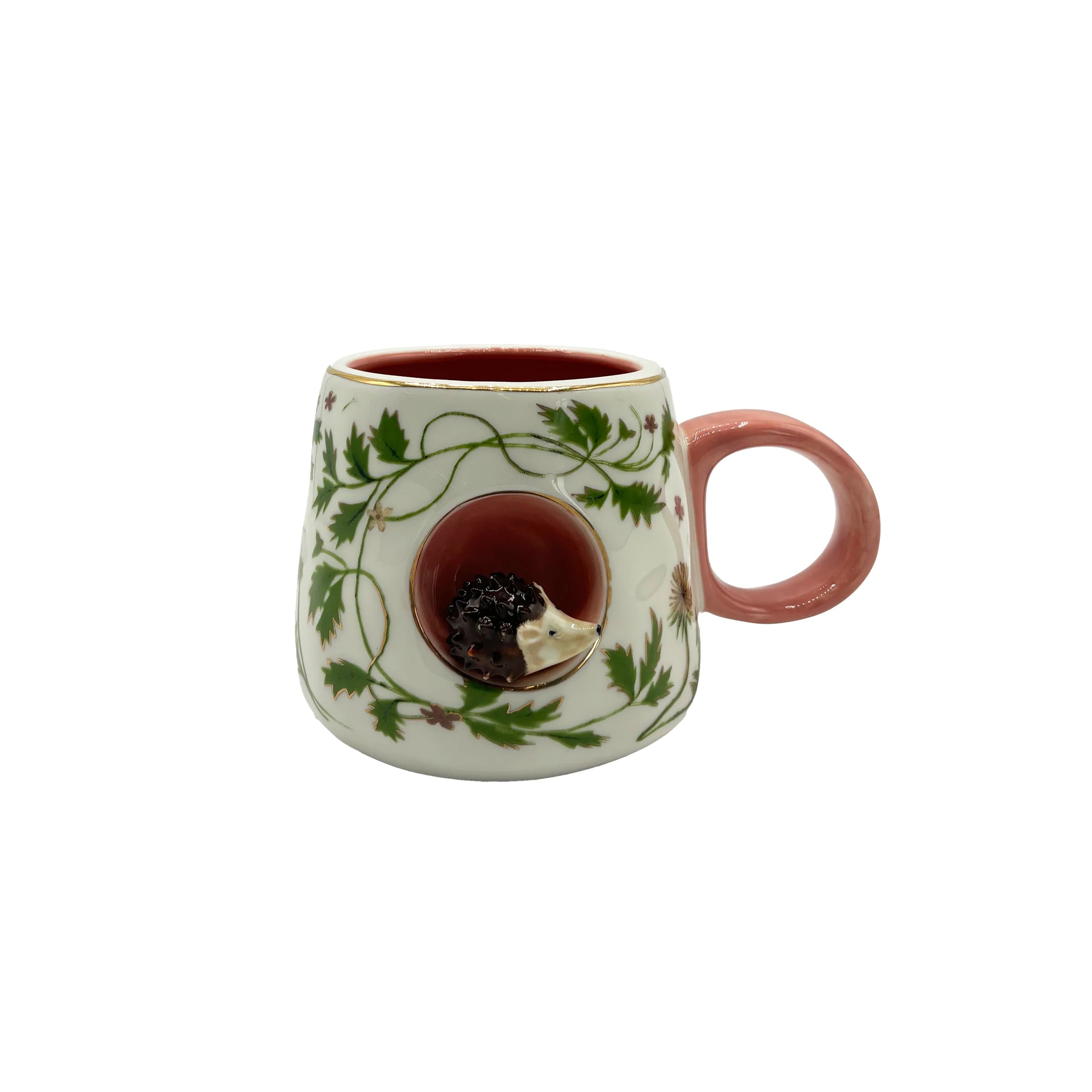 Side view of Secret Garden Mug featuring 3D hedgehog detail.