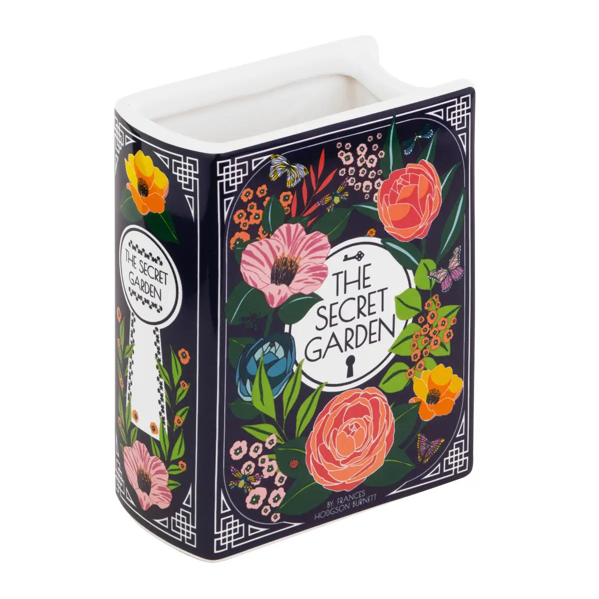 Angled view of Secret Garden ceramic vase shaped like a book with colourful botanical illustrations.