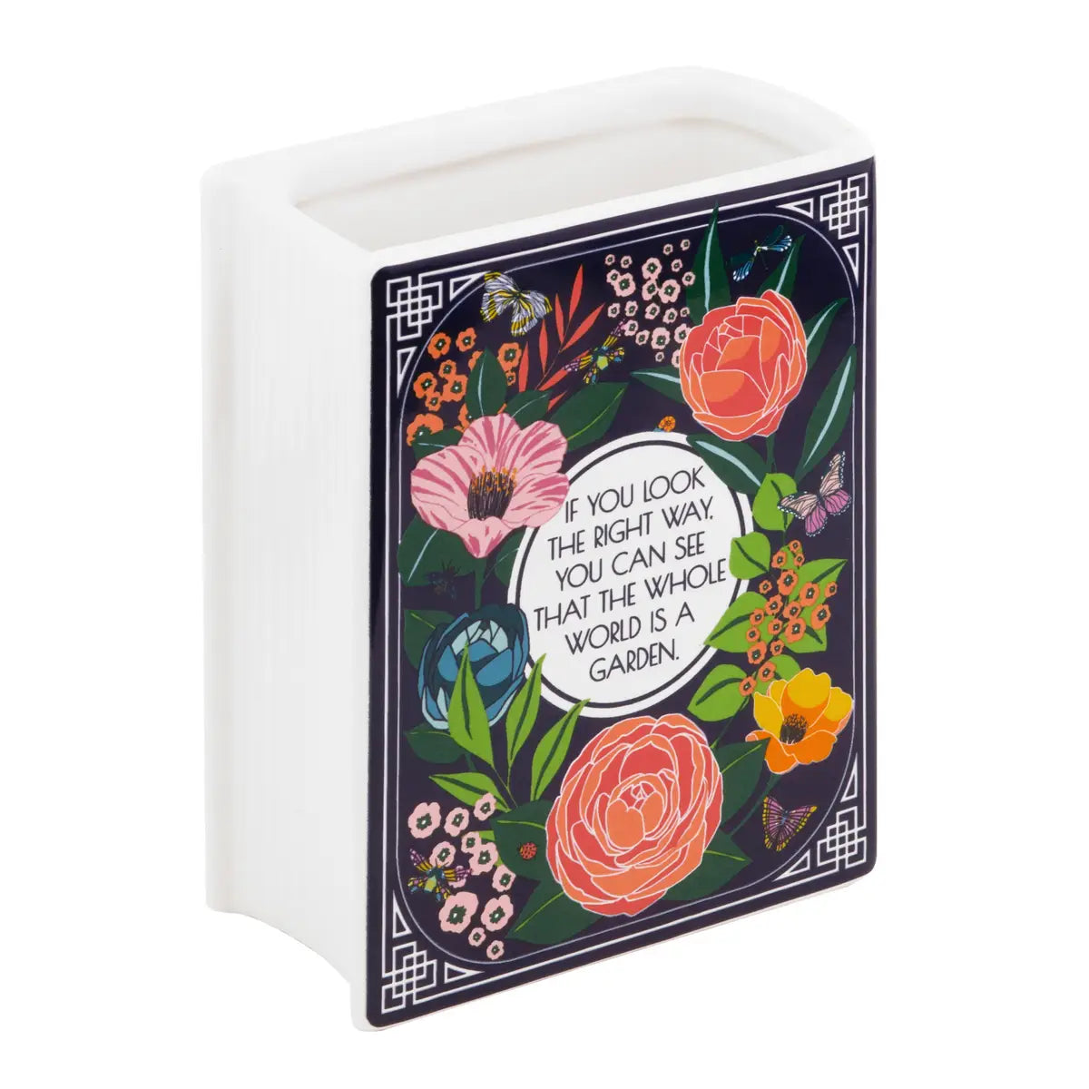 Back of Secret Garden ceramic book vase showing quote and floral border design.