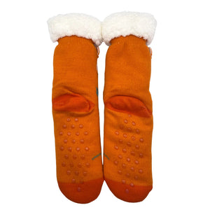 Back view of orange fox slipper socks showing non-slip grip soles and soft cream fleece cuffs for cosy indoor wear.