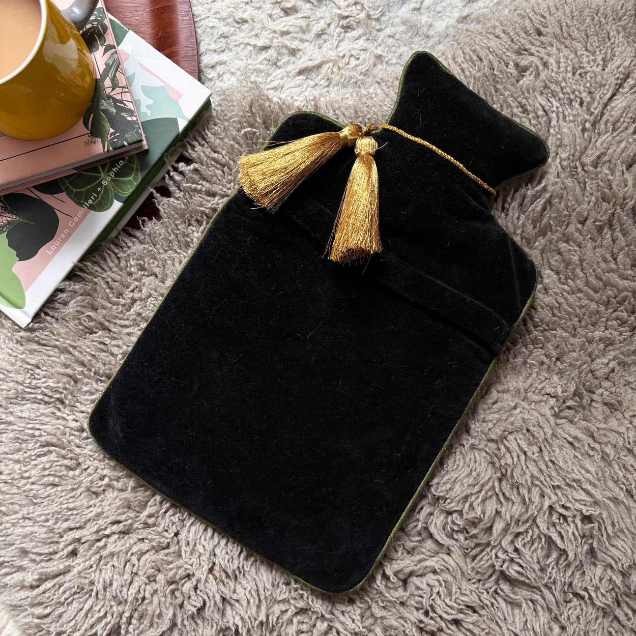 Back view of Secret Garden Owl Hot Water Bottle in plain black velvet.