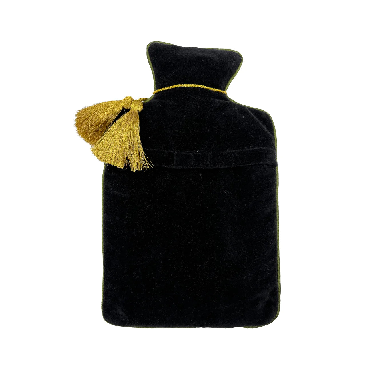 Black velvet hot water bottle cover with gold tassels.