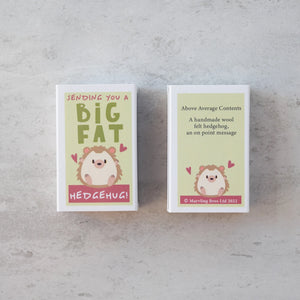 Front and back of the matchbox packaging, detailing the handmade hedgehog inside.