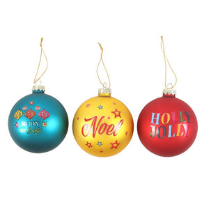 Set of 3 nostalgic Christmas baubles with festive lettering displayed side by side.