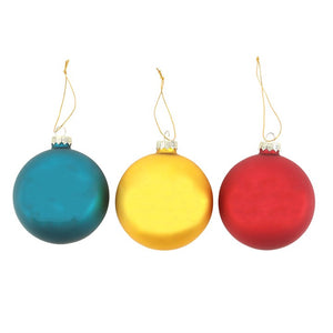 Back view of 3 nostalgic glass Christmas baubles in teal, yellow, and red.