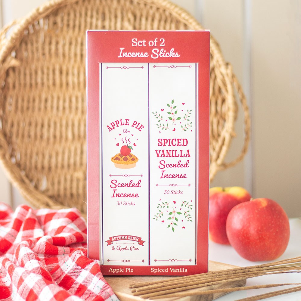 Set of 2 Apple Pie and Spiced Vanilla Incense Stick Packs gift box with red and cream design.