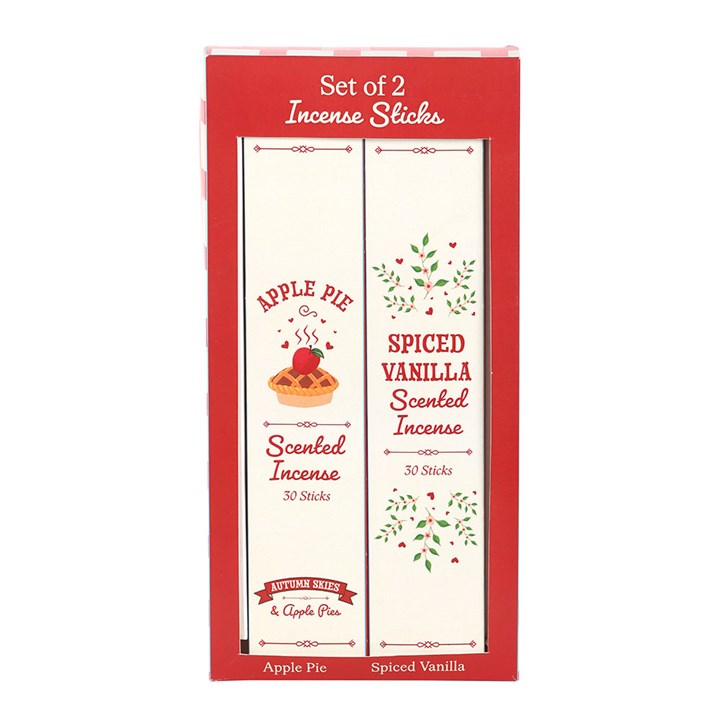 Apple Pie and Spiced Vanilla scented incense sticks packaging close-up.