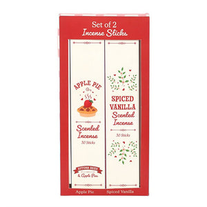 Apple Pie and Spiced Vanilla scented incense sticks packaging close-up.