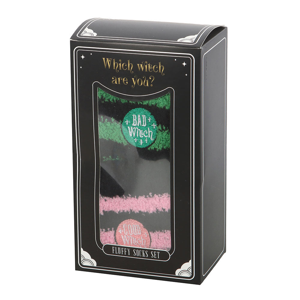 Gift box containing two pairs of witch-themed striped fluffy socks – Good Witch Bad Witch set packaging.