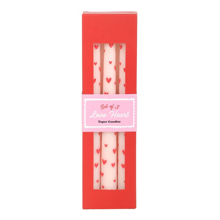Set of 3 Love Heart Taper Candles packaged in a red and pink gift box, perfect romantic candle gift for Valentine’s Day or date night.