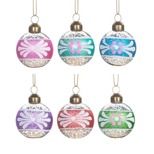 Vintage hand painted pink glass bauble with glitter design.