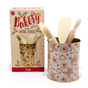 Set of 4 wooden Christmas baking utensils in gingerbread tin holder with box packaging, including spoon, spatula, rolling pin and brush.