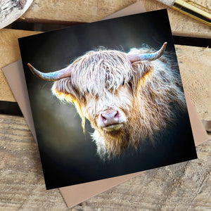 Eco-friendly Shadow Gaze Highland Cow greetings card with recycled kraft envelope, perfect for any occasion.