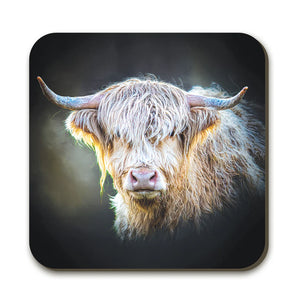 Highland cow coaster with a striking illustration by Gary Cox, showing a fluffy cow with curved horns against a dark background.