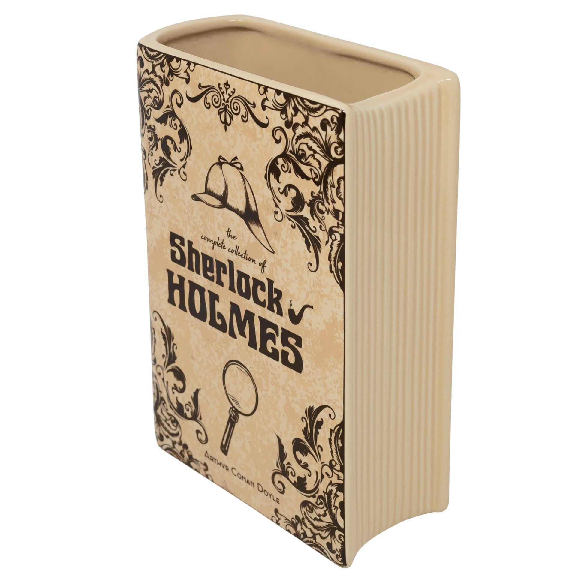 Side view of Sherlock Holmes ceramic book vase showing spine details.