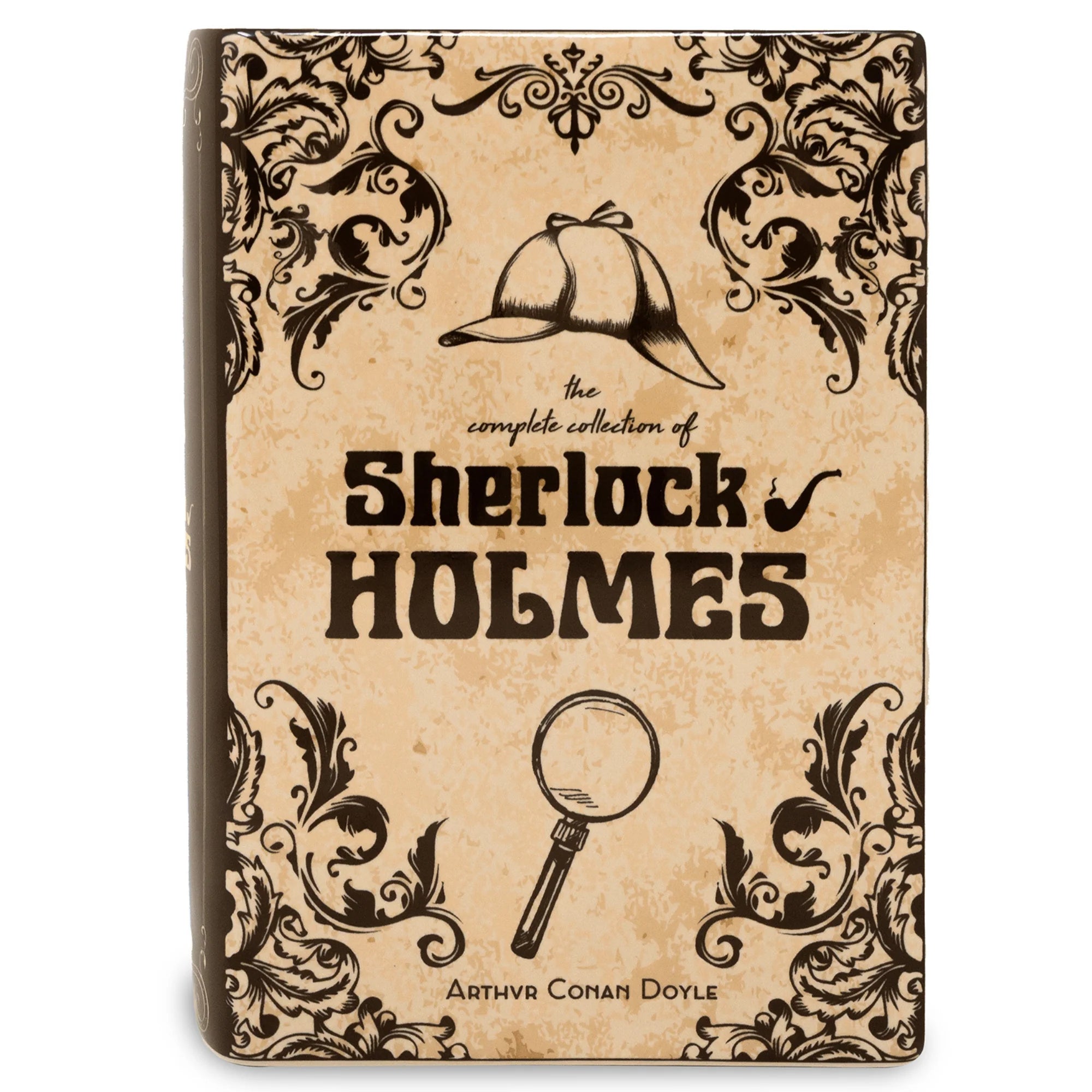 Front cover of Sherlock Holmes book vase with magnifying glass illustration.
