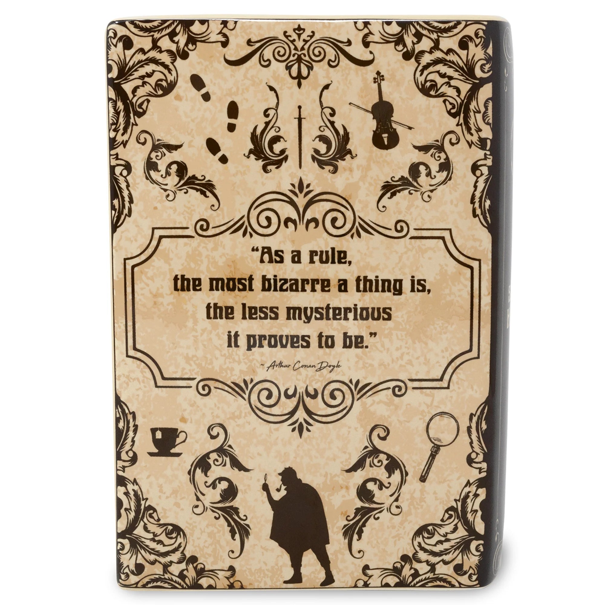 Back of Sherlock Holmes ceramic vase with famous Arthur Conan Doyle quote.