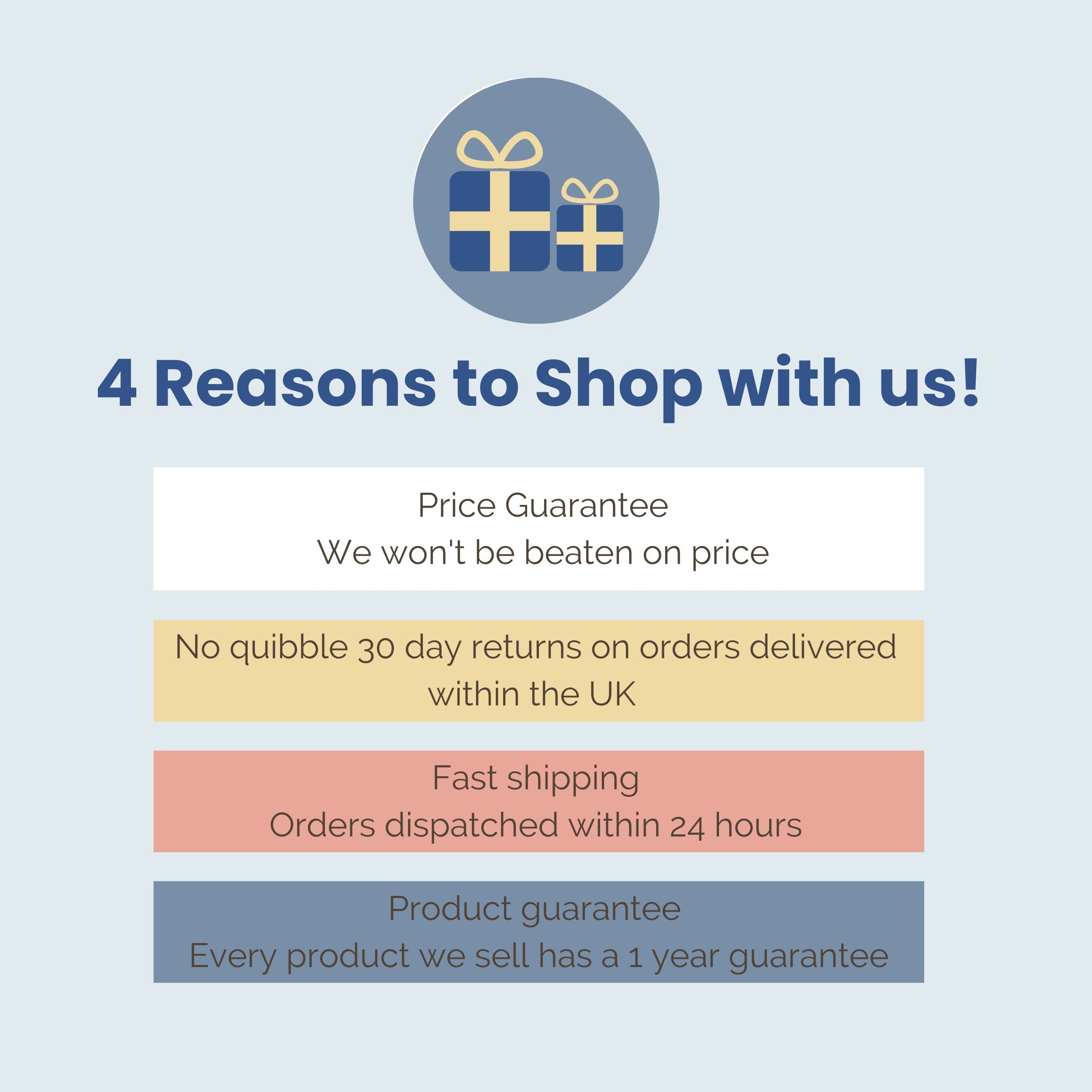 Contempo 4 Reasons to Shop infographic showing price guarantee returns shipping and warranty