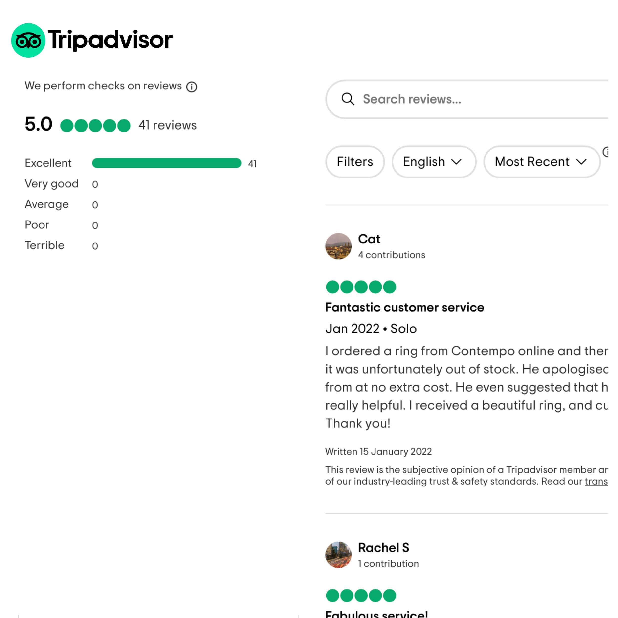Contempo Tripadvisor reviews showing 5 star rating and customer testimonials