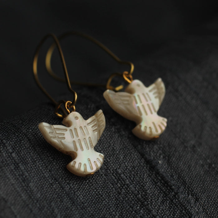 Pearl Dove Bird Earrings - Gold