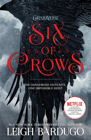 The cover of Six of Crows by Leigh Bardugo, featuring a dark, dramatic illustration of a crow with outstretched wings forming the shape of a city skyline.