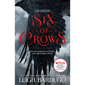 The cover of Six of Crows by Leigh Bardugo, featuring a dark, dramatic illustration of a crow with outstretched wings forming the shape of a city skyline.