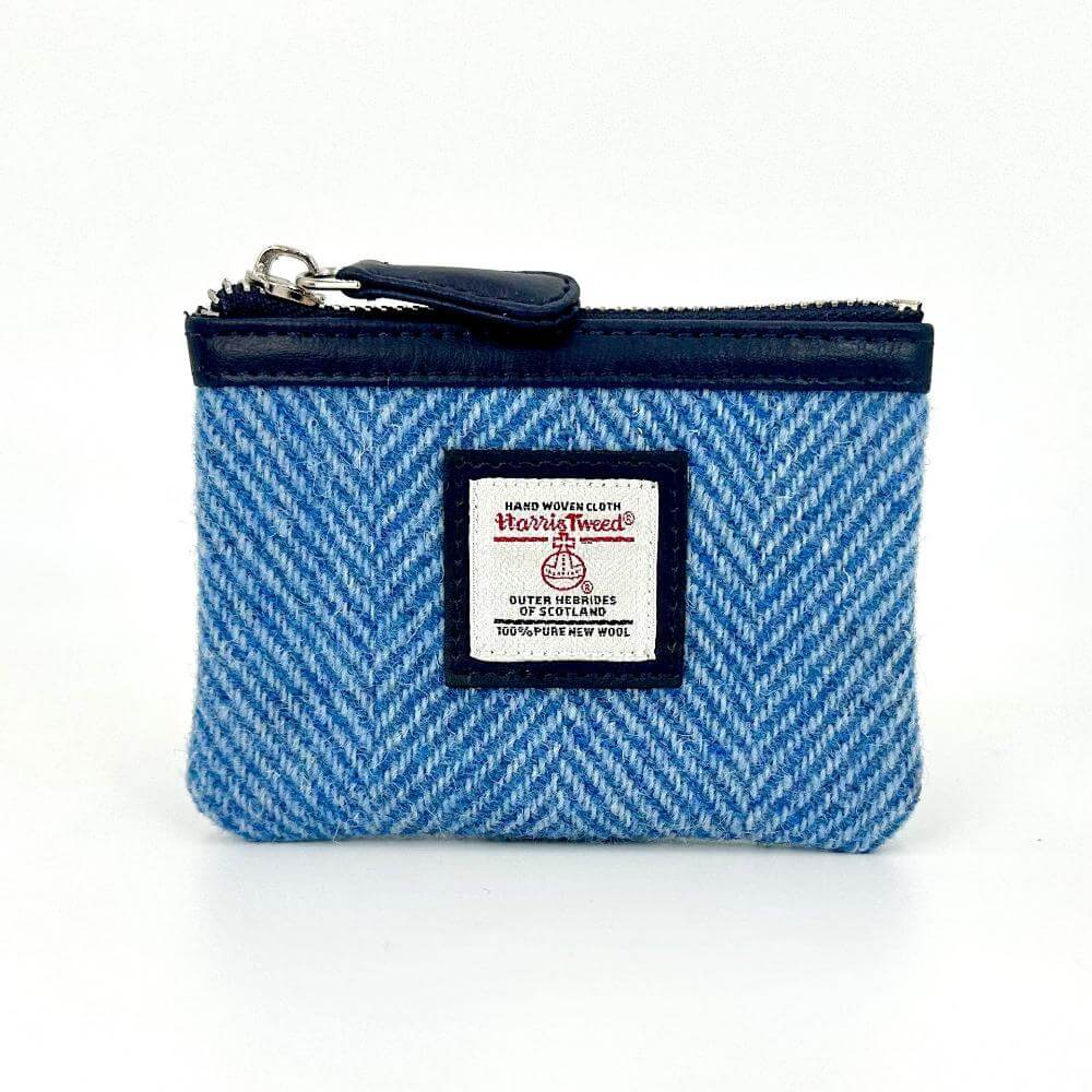 Front view of Sky Blue Harris Tweed coin purse with label.