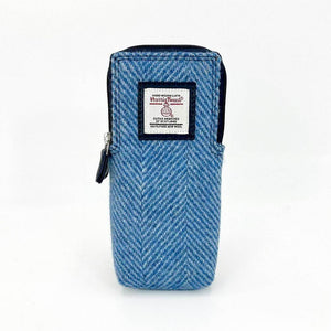 Standing view of Harris Tweed glasses holder with zipped compartments.
