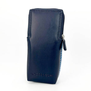Rear view of glasses case showing black vegan leather back panel.