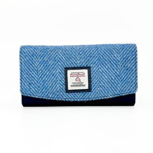 Sky Blue Harris Tweed envelope purse with front flap and Harris Tweed label.