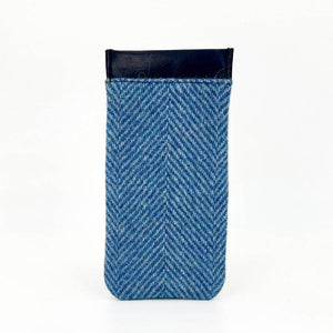 Rear view of the Harris Tweed glasses case featuring smooth black vegan leather trim.