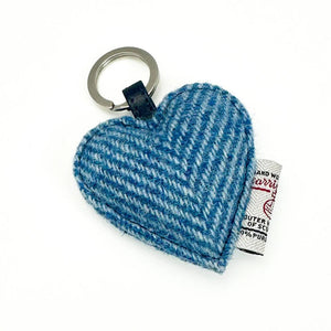 Sky Blue Harris Tweed heart keyring with silver split ring and Harris Tweed label, featuring herringbone wool in a soft heart shape.
