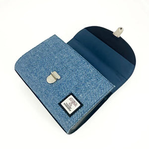 Sky Blue Harris Tweed Day Bag with flap open showing lining and clasp detail.
