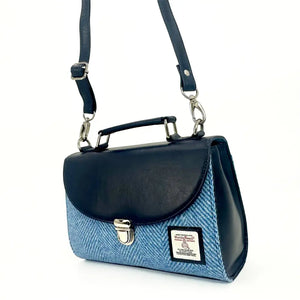 Mini Harris Tweed Day Bag with adjustable crossbody strap and top handle in sky blue tweed.