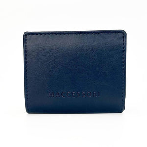 Back of Harris Tweed trifold purse in smooth navy faux leather with embossed Maccessori branding.