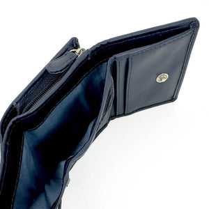 Interior layout of trifold purse with card slots, see-through ID window, and button fastening.