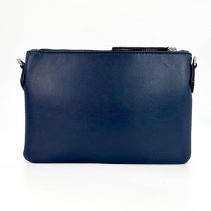 Back view of Harris Tweed zip bag in smooth navy faux leather with clean, structured finish.