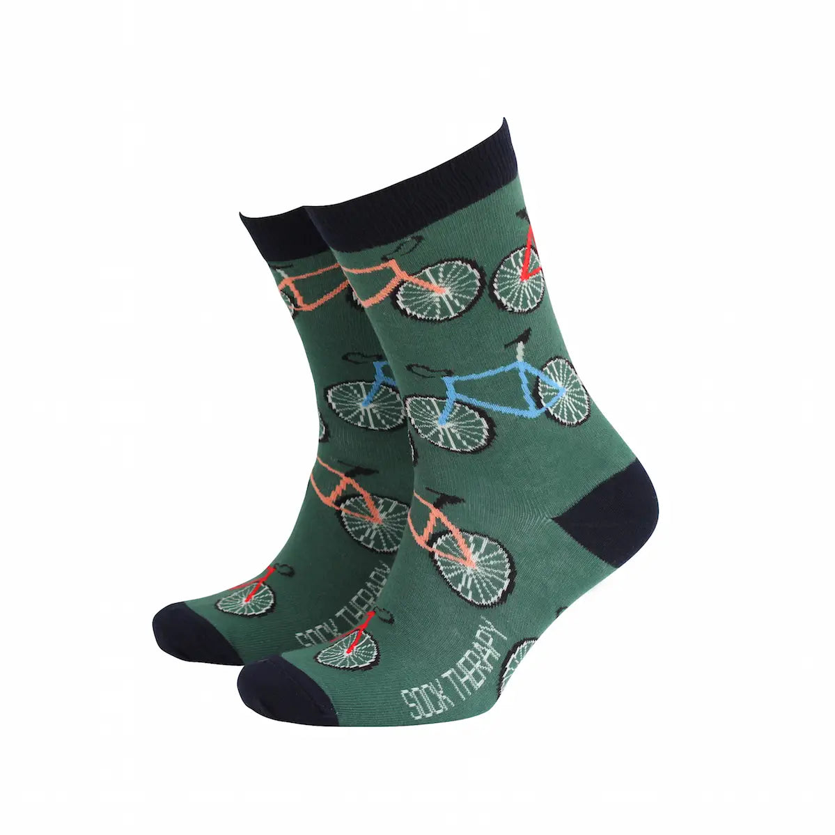 Men’s green bamboo socks with multicolour bicycle design.