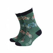 Men’s green bamboo socks with multicolour bicycle design.