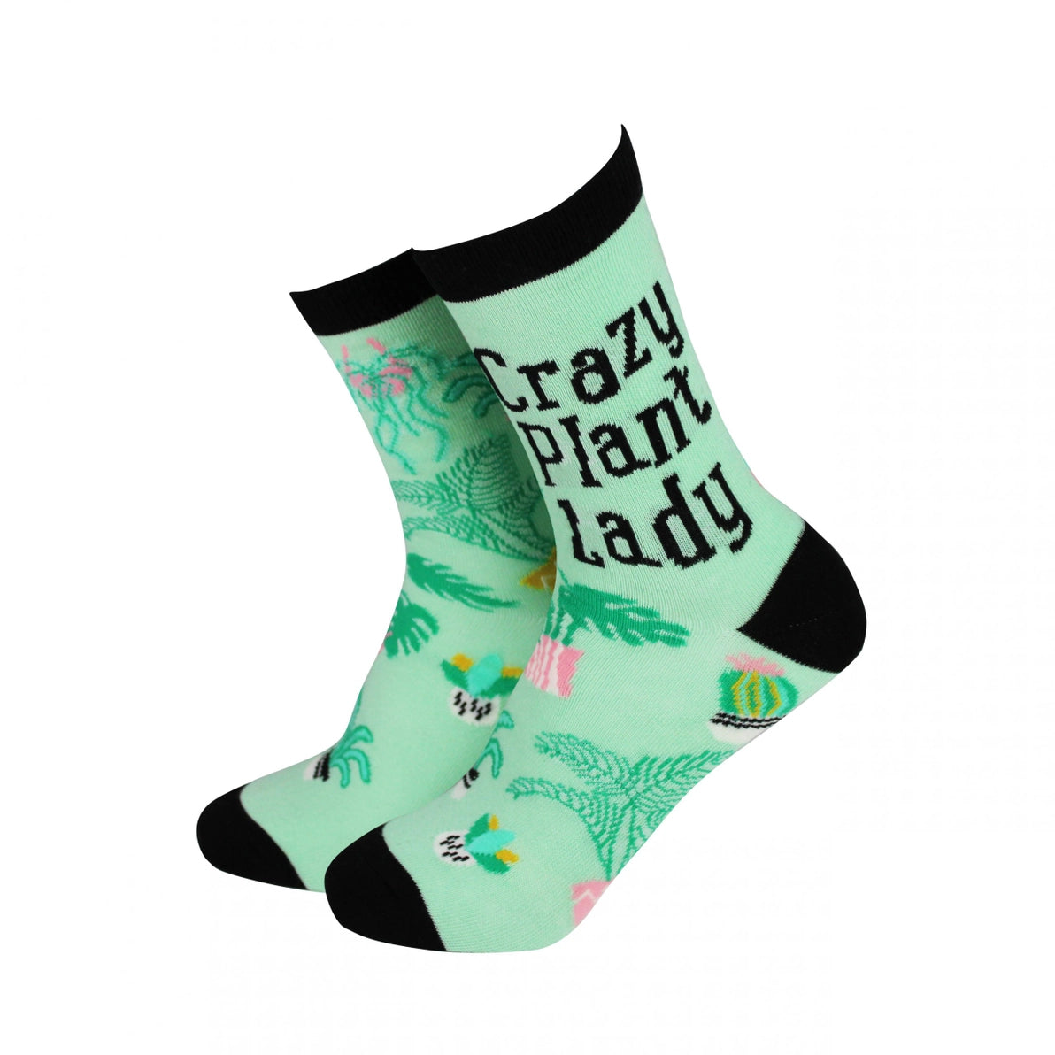 Mint green bamboo socks with “Crazy Plant Lady” text and colourful potted plant designs, shown in angled side-by-side display.