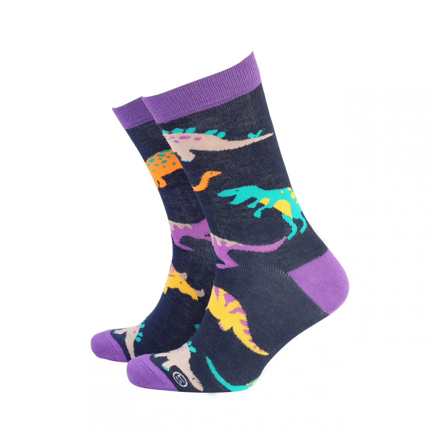Men’s bamboo socks with colourful dinosaur pattern on navy background.