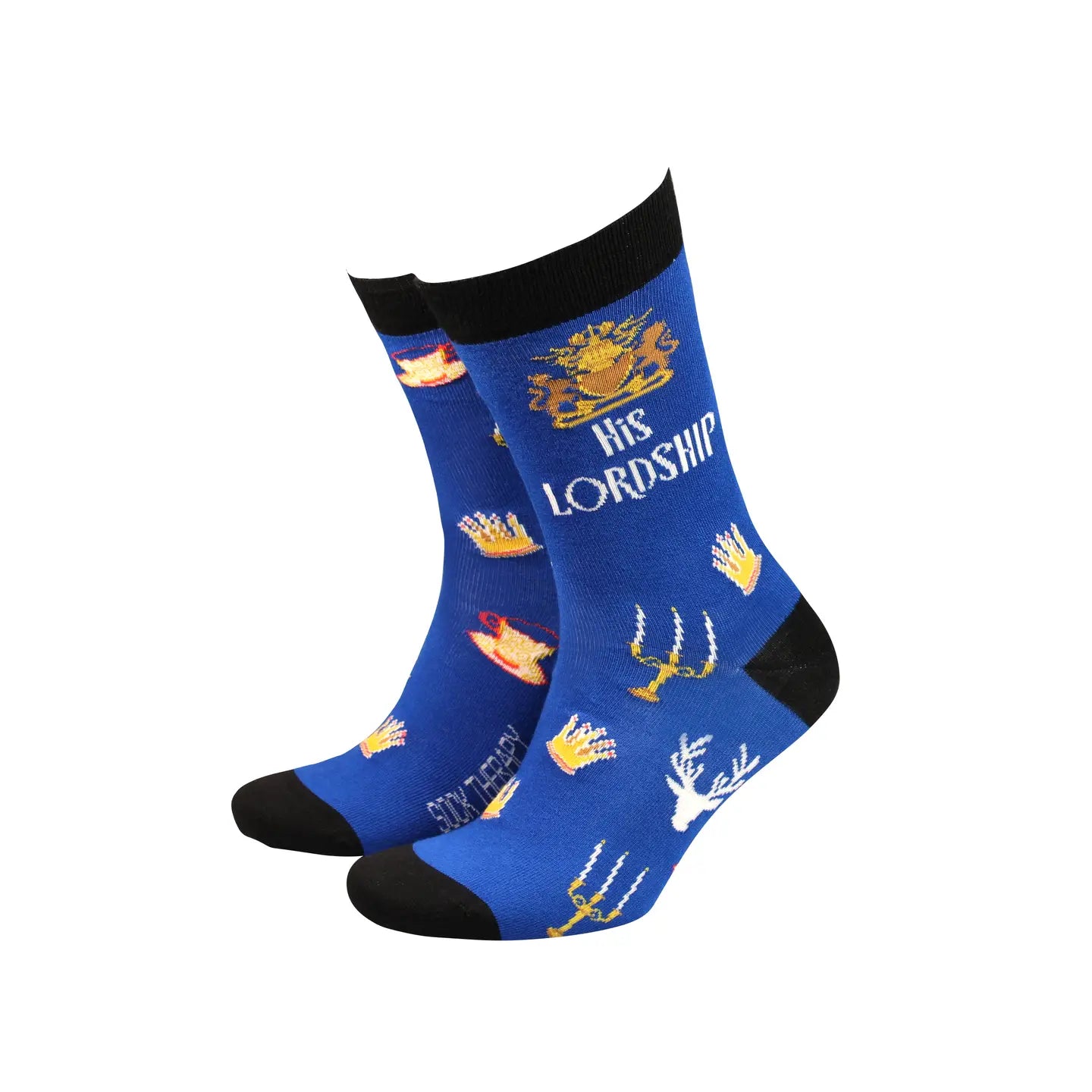 His Lordship blue bamboo socks for men with crown and trident pattern.