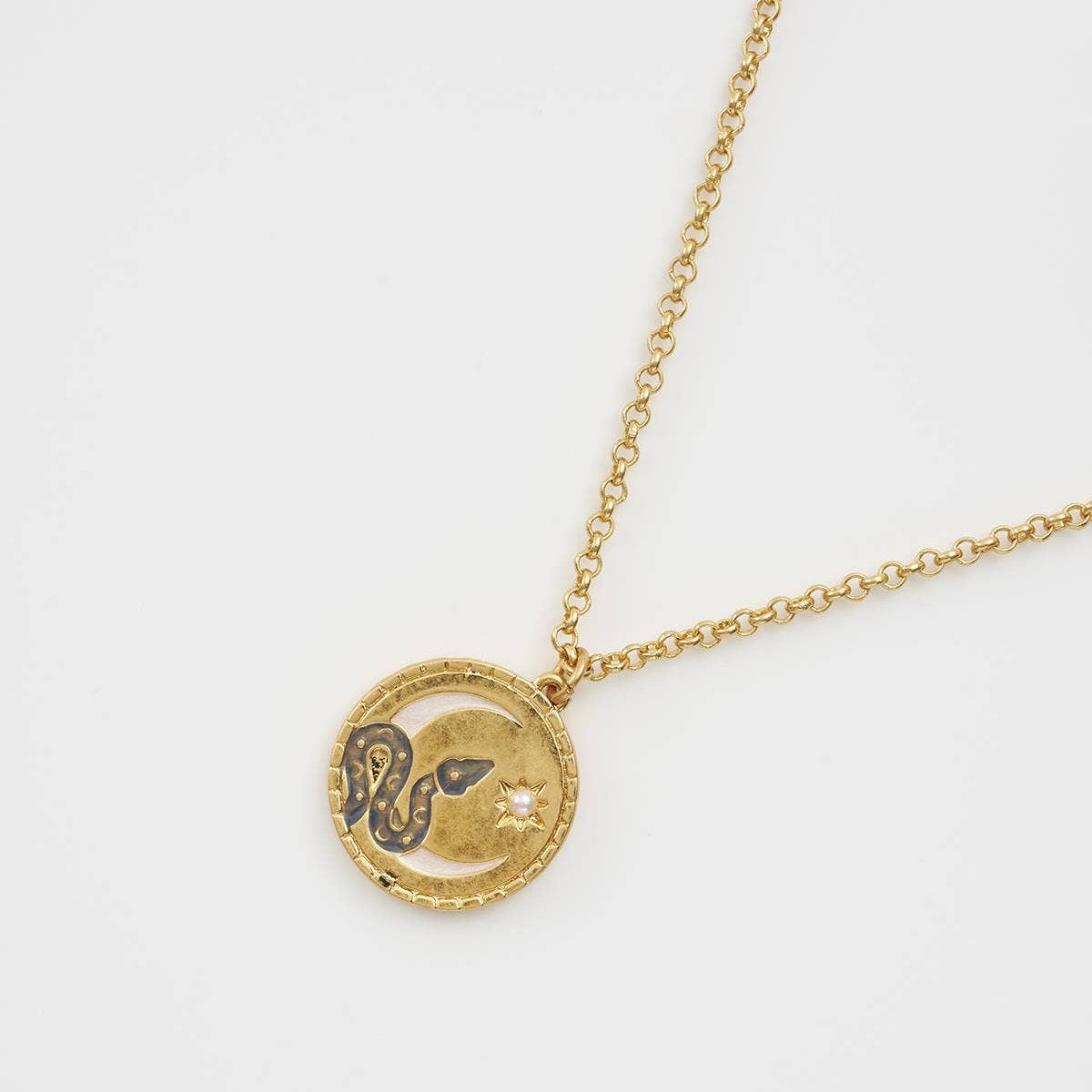 Gold-plated Snake Spirit Guide Necklace featuring an intricate snake and star design on a circular pendant.