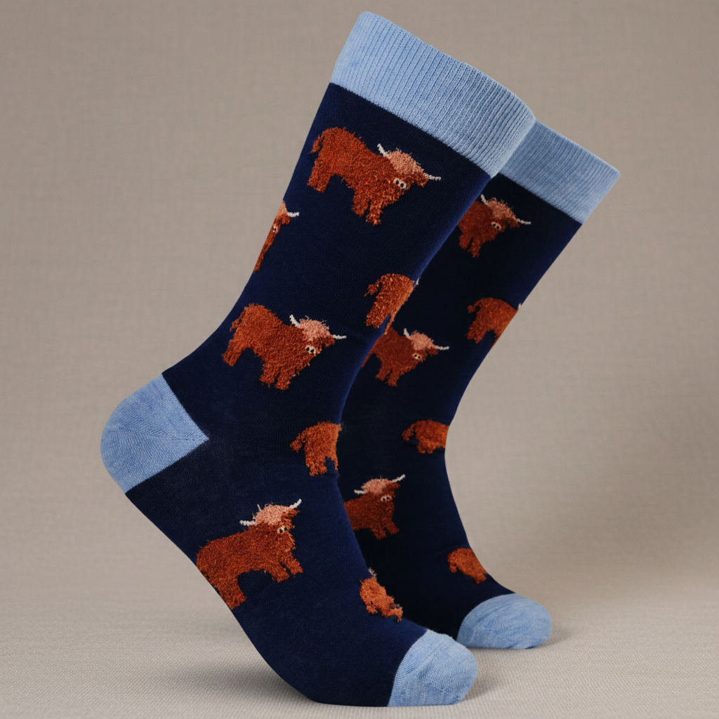 Fluffy Coo Socks in navy with highland cow pattern on grey background