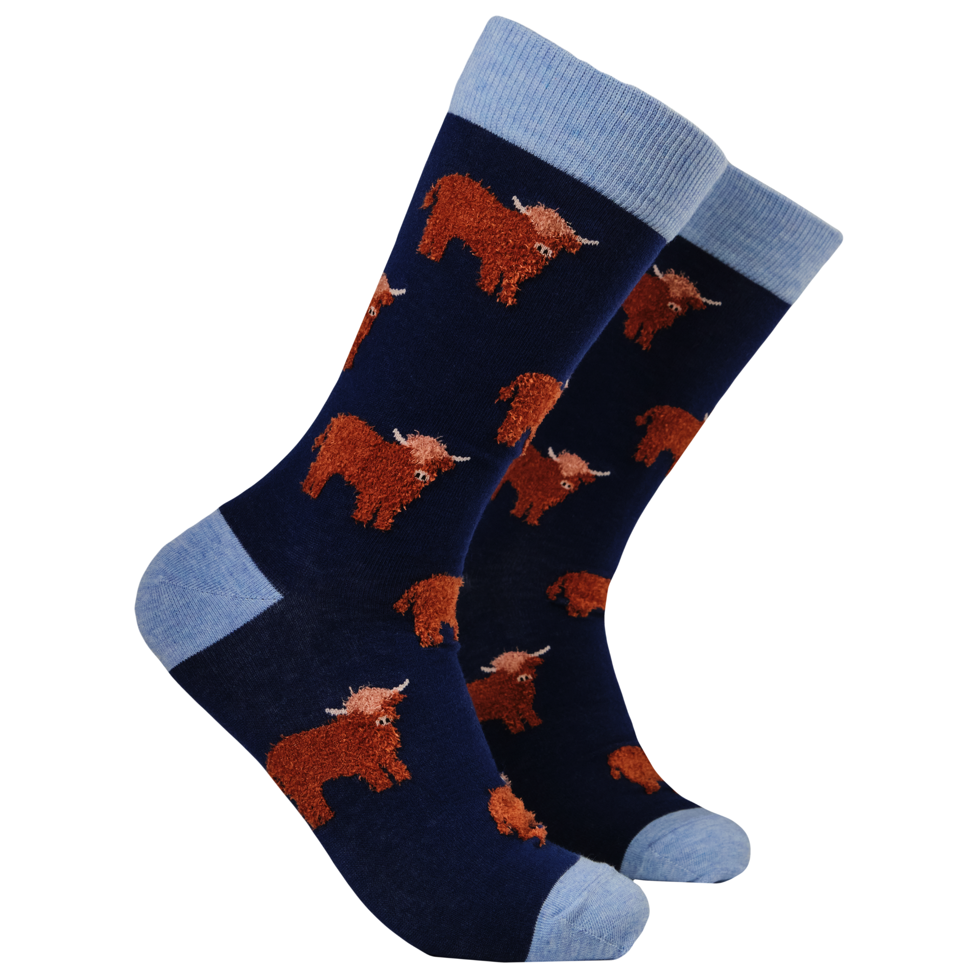 Fluffy Coo Socks pair showing highland cow design on light grey background