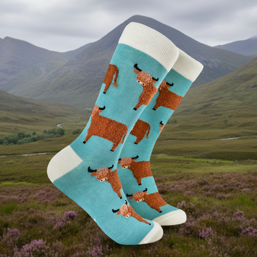 Fluffy Wee Hairy Coo Socks in duck egg blue on Highland landscape background