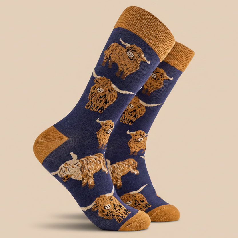 Highland Cow Socks in dark blue with tan trim on beige background