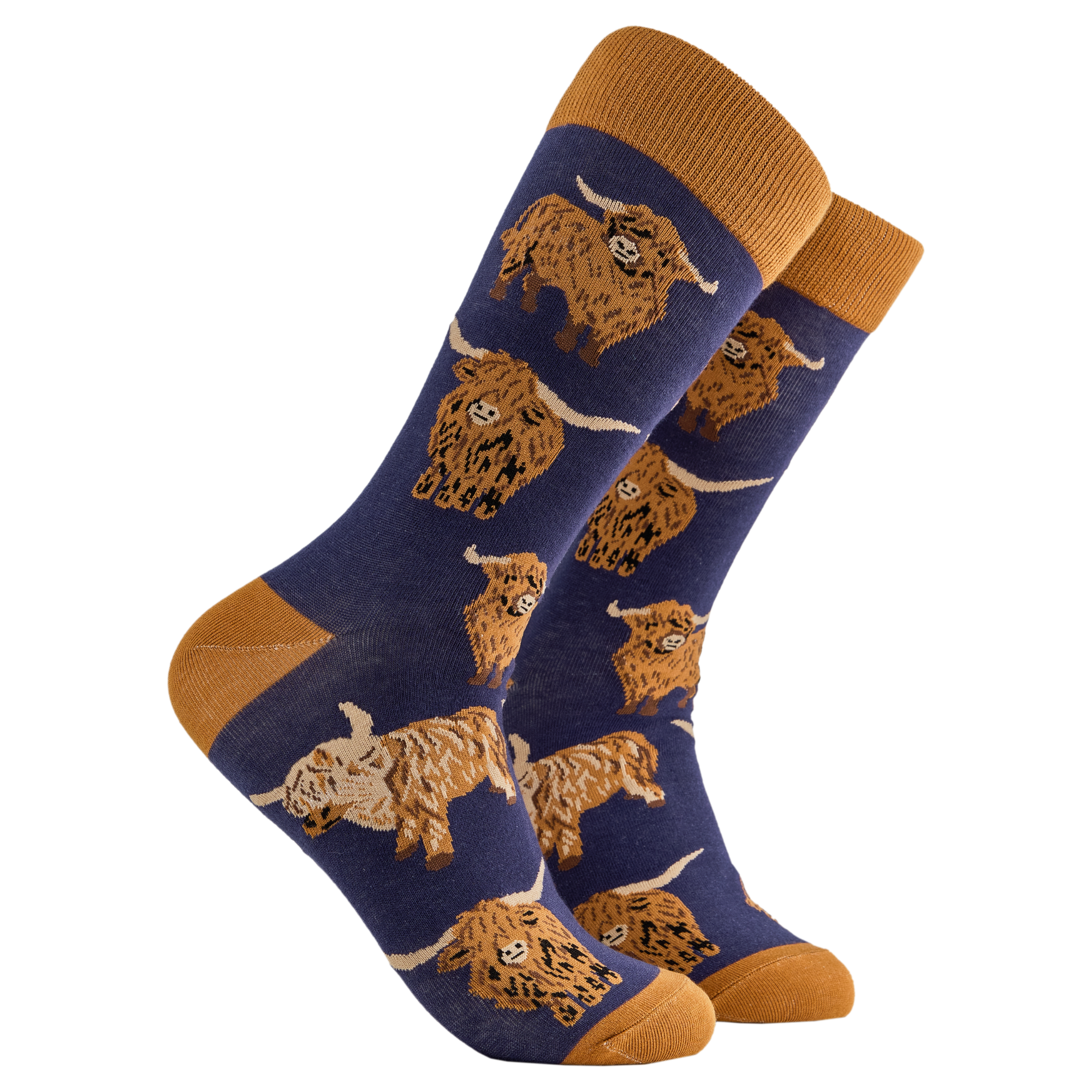 Highland Cow Socks pair showing detailed cow design on grey background