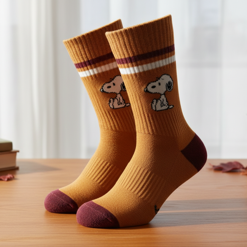 Snoopy Athletic Socks in mustard with maroon trim on wooden surface