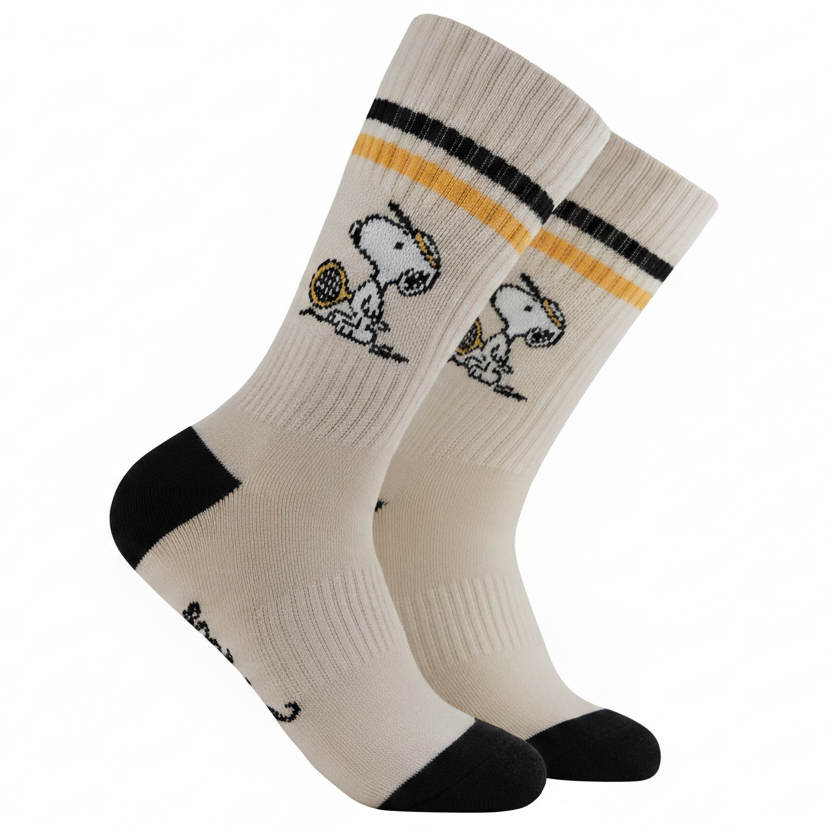 Tennis Snoopy Athletic Socks pair showing Peanuts design on white background